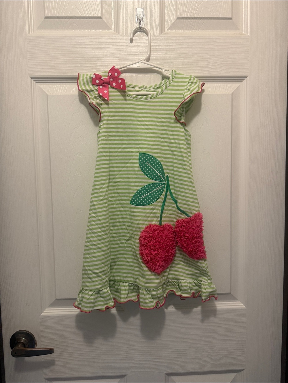 Cracker Barrel Green Stripe Dress with Pink Cherry Appliqués